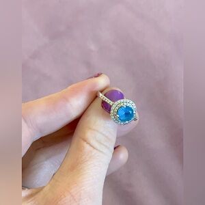 Genuine Blue Topaz Halo /circle Ring Size 7- Silver Ring With White Sapphires